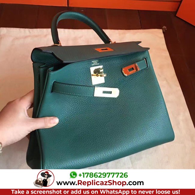 Hermes Malachite Clemence Kelly Retourne 28cm Lushentic AAAAA Grade Replica - Image 8