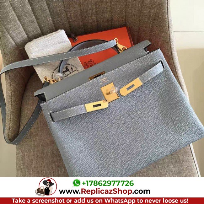 Hermes Blue Lin Clemence Kelly Retourne 32cm Lushentic AAAAA Grade Replica - Image 4