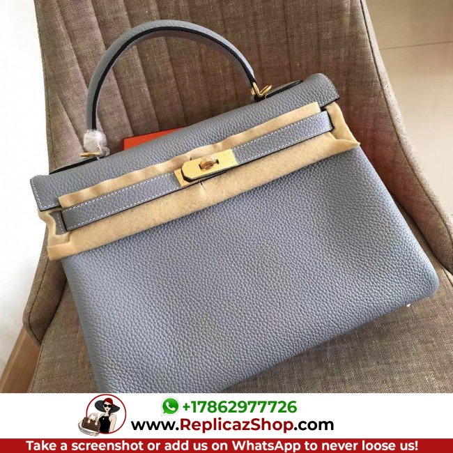 Hermes Blue Lin Clemence Kelly Retourne 32cm Lushentic AAAAA Grade Replica