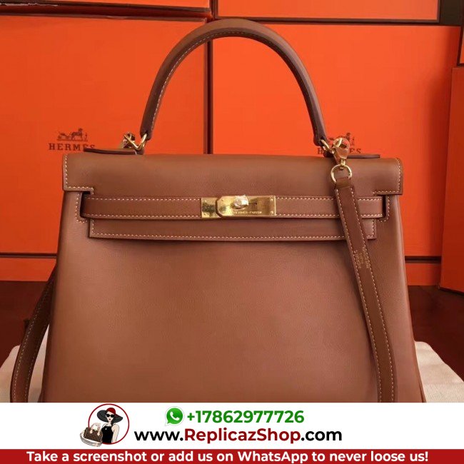 Hermes Brown Swift Kelly Retourne 32cm Lushentic AAAAA Grade Replica