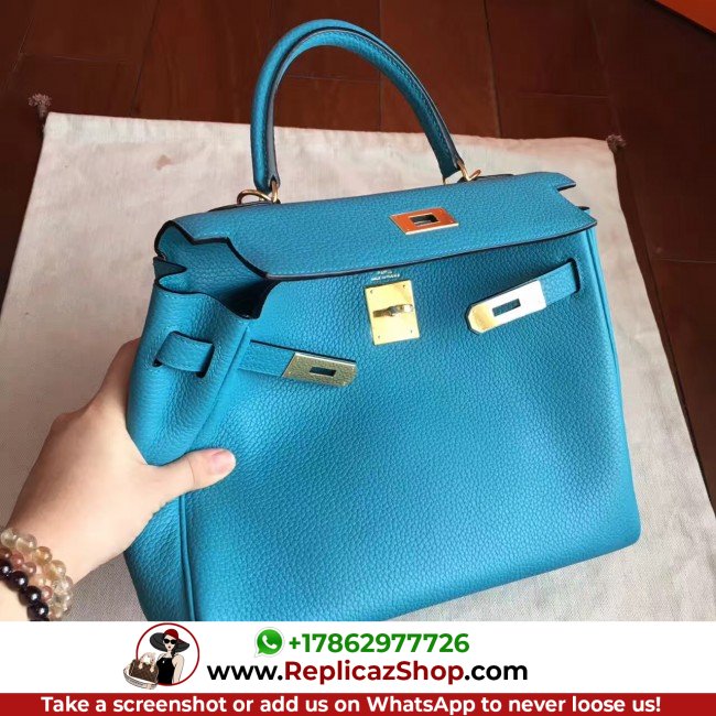 Hermes Turquoise Clemence Kelly Retourne 28cm Lushentic AAAAA Grade Replica - Image 4