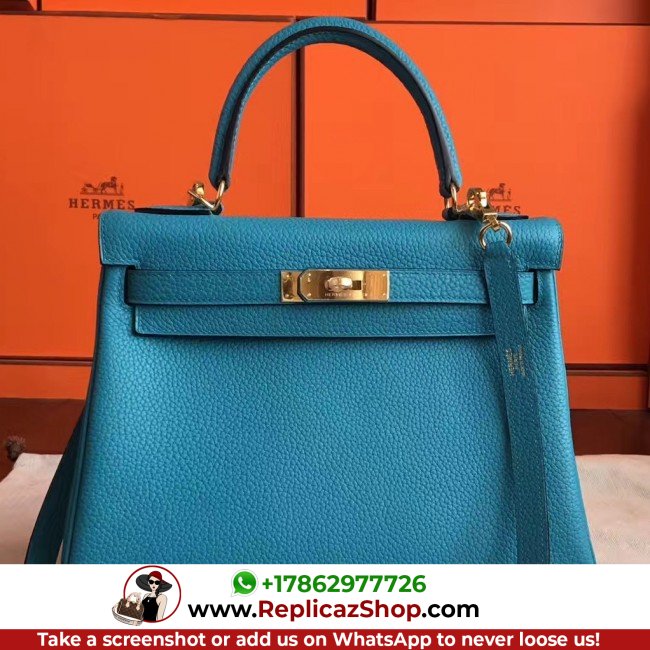 Hermes Turquoise Clemence Kelly Retourne 28cm Lushentic AAAAA Grade Replica