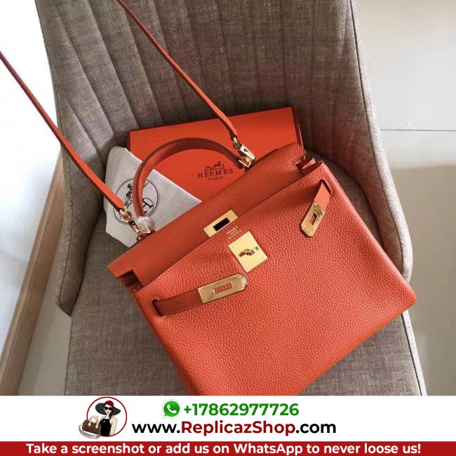 Hermes Orange Clemence Kelly Retourne 28cm Lushentic AAAAA Grade Replica - Image 4