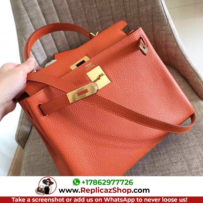 Hermes Orange Clemence Kelly Retourne 28cm Lushentic AAAAA Grade Replica - Image 6