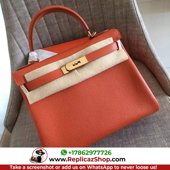 Hermes Orange Clemence Kelly Retourne 28cm Lushentic AAAAA Grade Replica